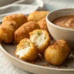Golden crispy Potato Croquettes on a plate with dipping sauce