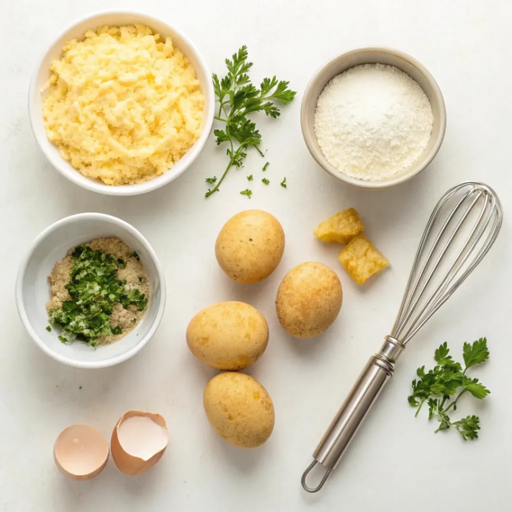Potato Croquettes – Crispy Golden Bites of Comfort 6 Flat lay of ingredients for Potato Croquettes