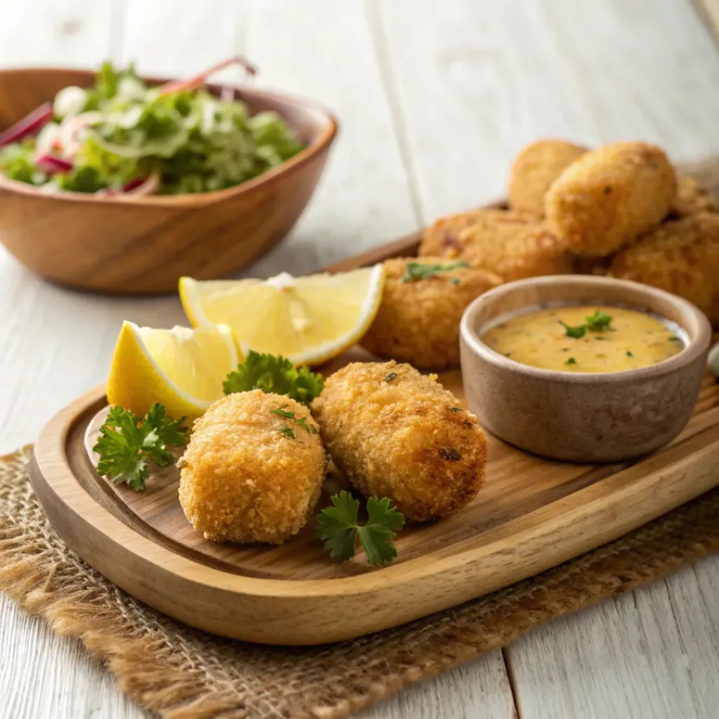 Potato Croquettes – Crispy Golden Bites of Comfort 8 Crispy Potato Croquettes served with dipping sauce and salad