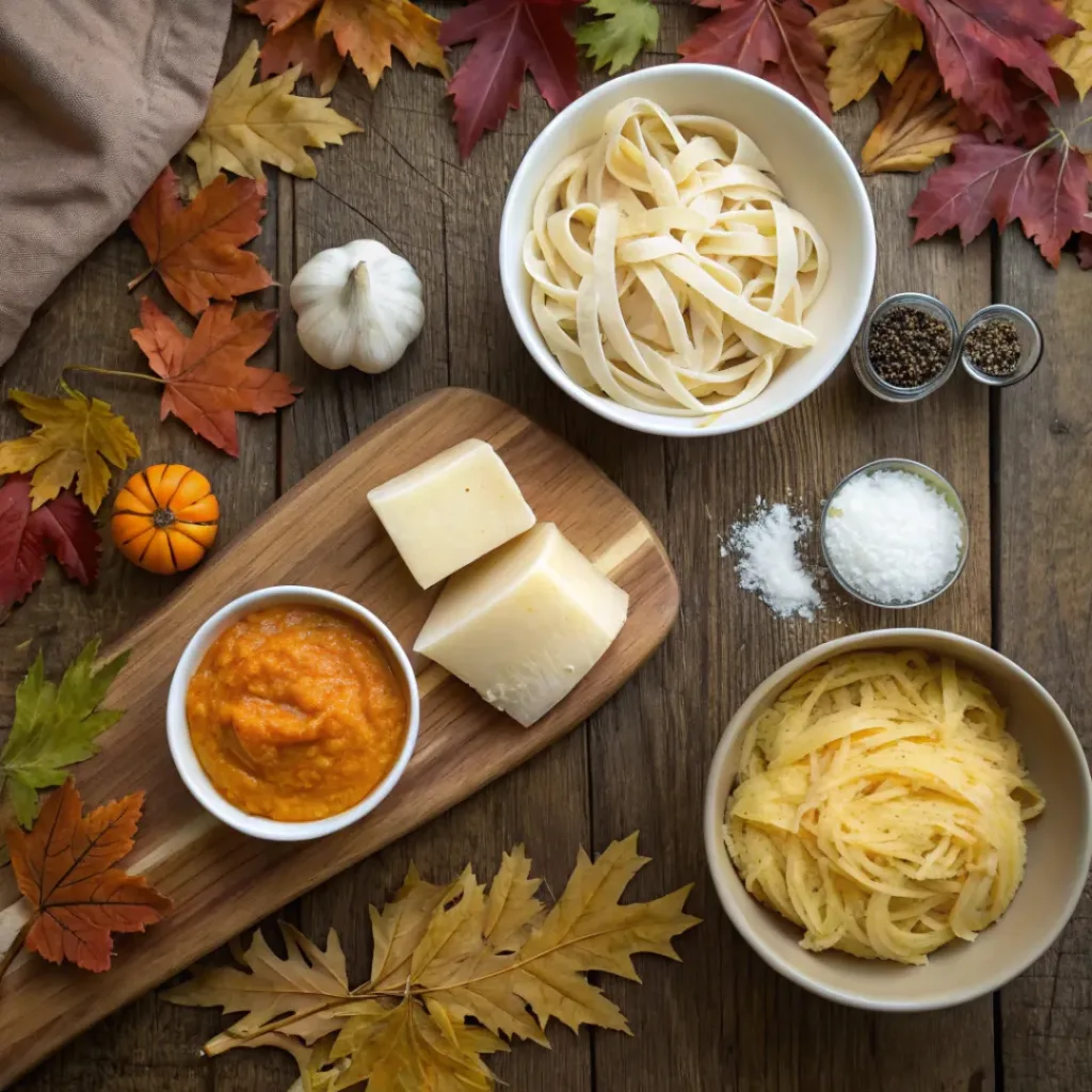 Creamy Pumpkin Alfredo – Cozy Fall Pasta Comfort 6 Flat lay of ingredients for creamy pumpkin Alfredo pasta