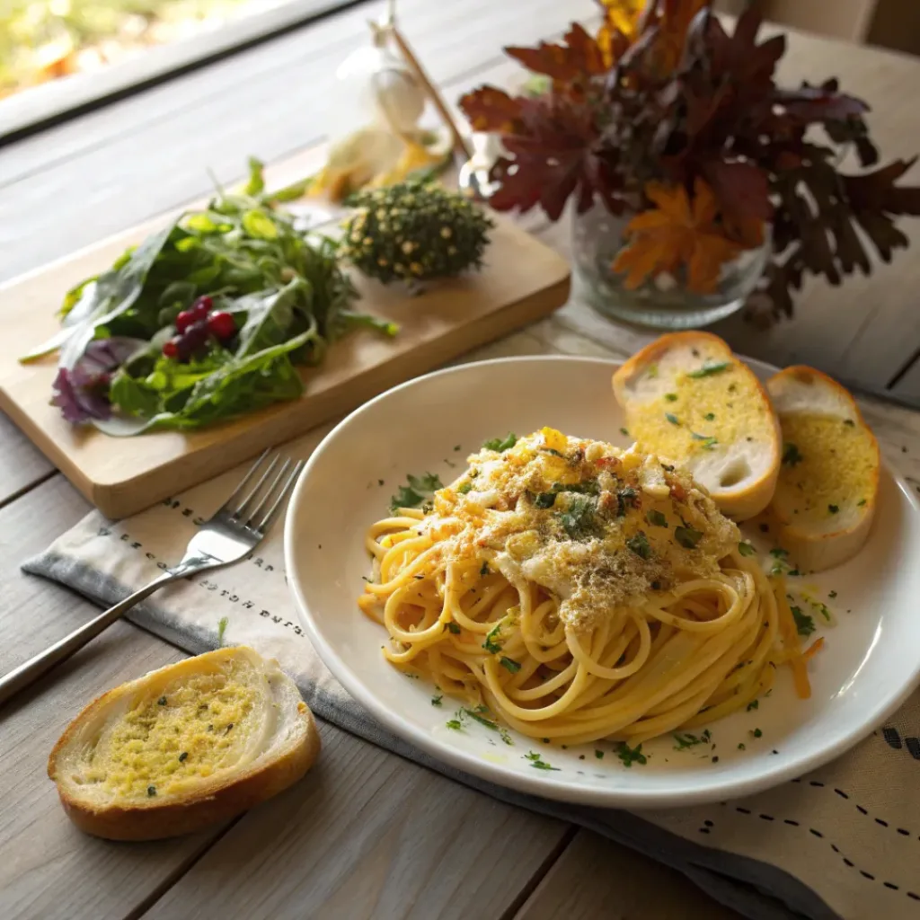 Creamy Pumpkin Alfredo – Cozy Fall Pasta Comfort 8 Pumpkin Alfredo pasta served with garlic bread