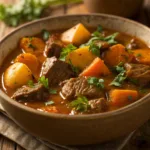 Bowl of hearty pumpkin beef stew with vegetables