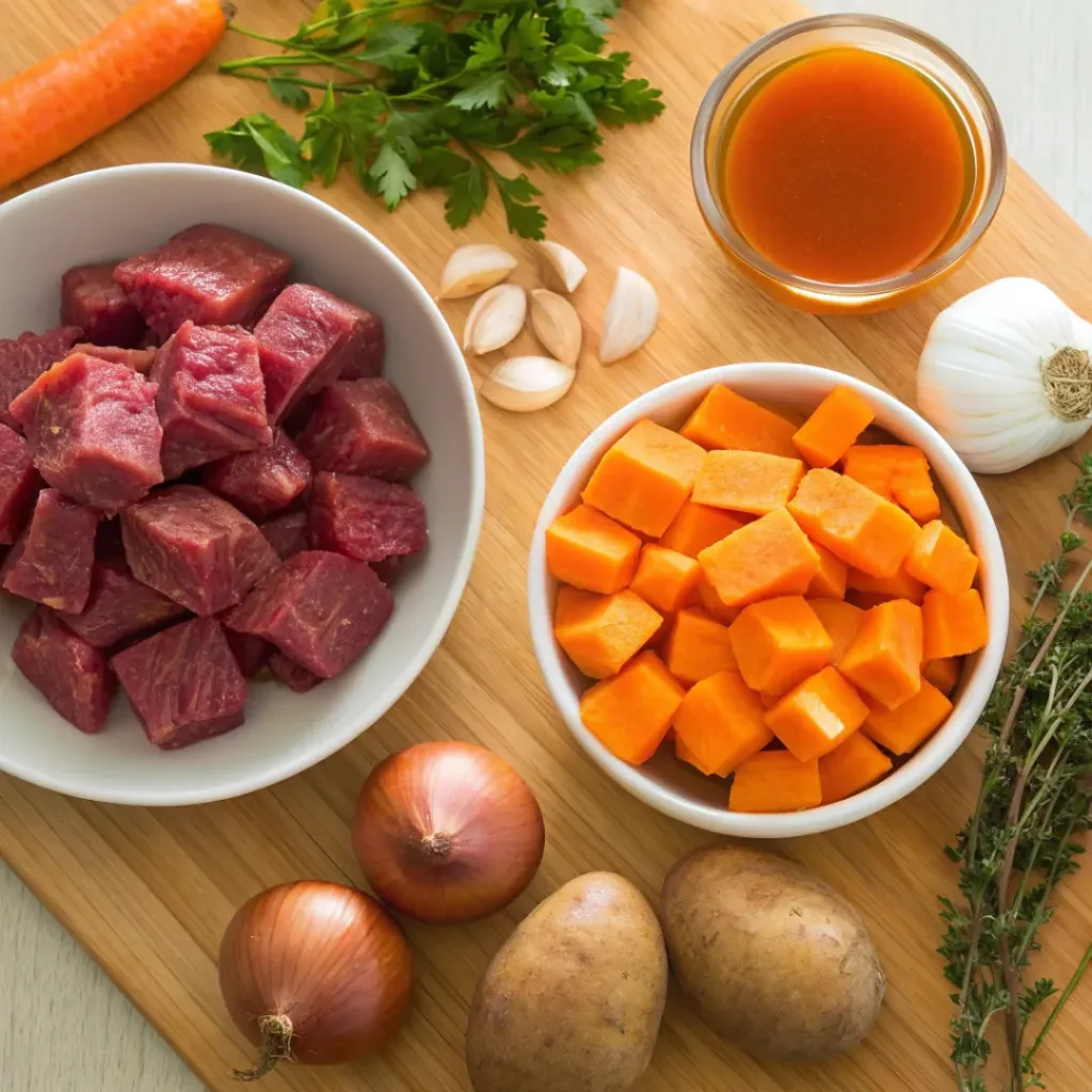 Slow Cooker Pumpkin Beef Stew – Easy Autumn Dinner 6 Overhead view of fresh ingredients for pumpkin beef stew