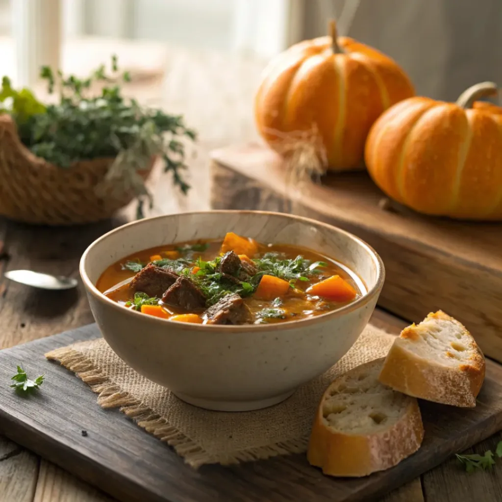 Slow Cooker Pumpkin Beef Stew – Easy Autumn Dinner 8 Pumpkin beef stew served with crusty bread on a rustic table