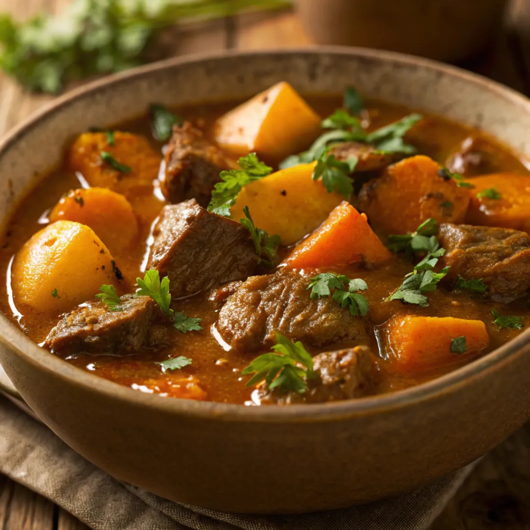 Bowl of hearty pumpkin beef stew with vegetables