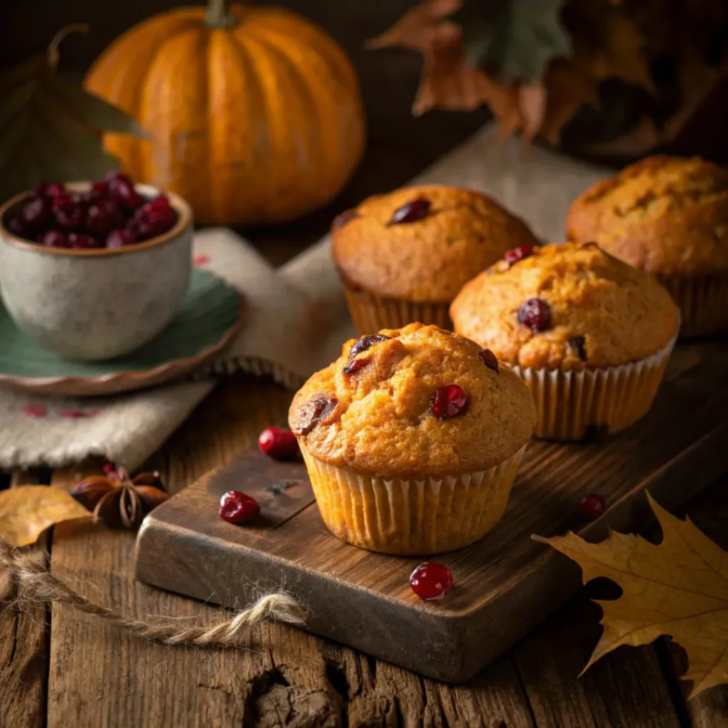 Freshly baked pumpkin cranberry muffins on wooden table
