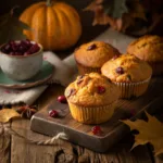 Freshly baked pumpkin cranberry muffins on wooden table