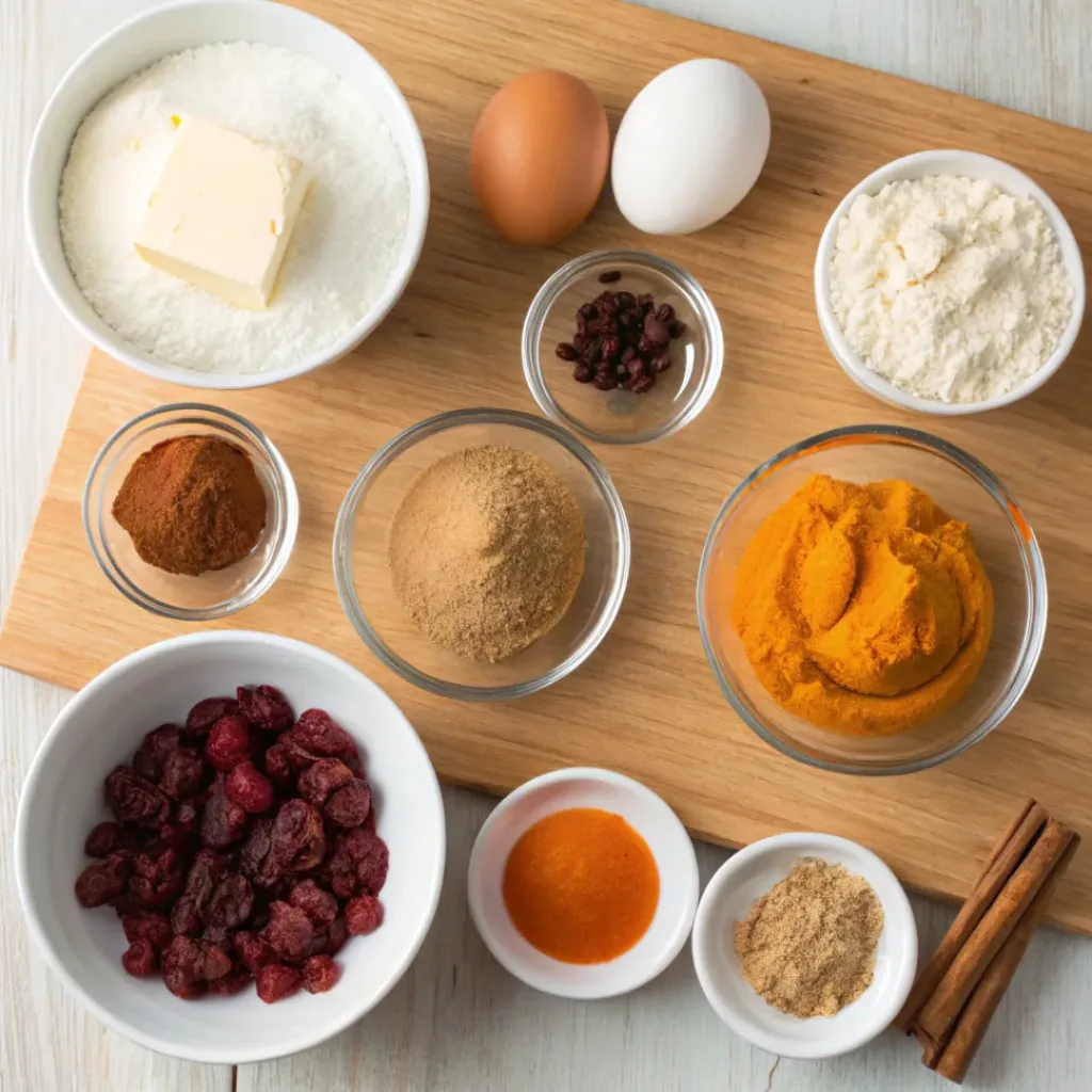 Overhead view of ingredients for pumpkin cranberry muffins