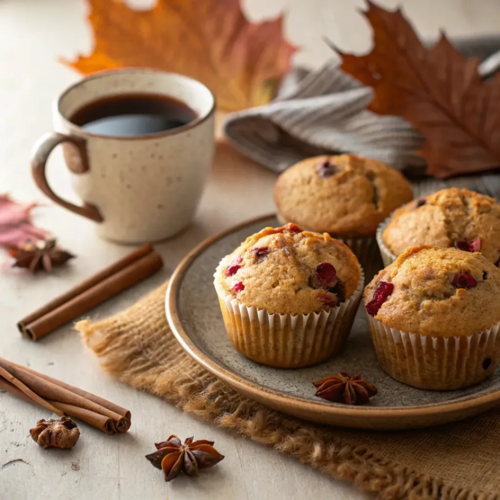 Pumpkin cranberry muffins with a cup of coffee on fall table