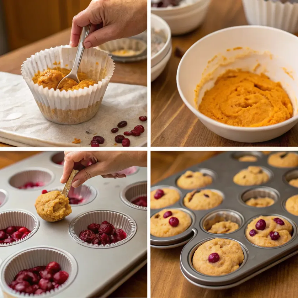 Step-by-step collage showing how to make pumpkin cranberry muffins
