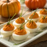 Festive pumpkin-shaped deviled eggs on a serving platter
