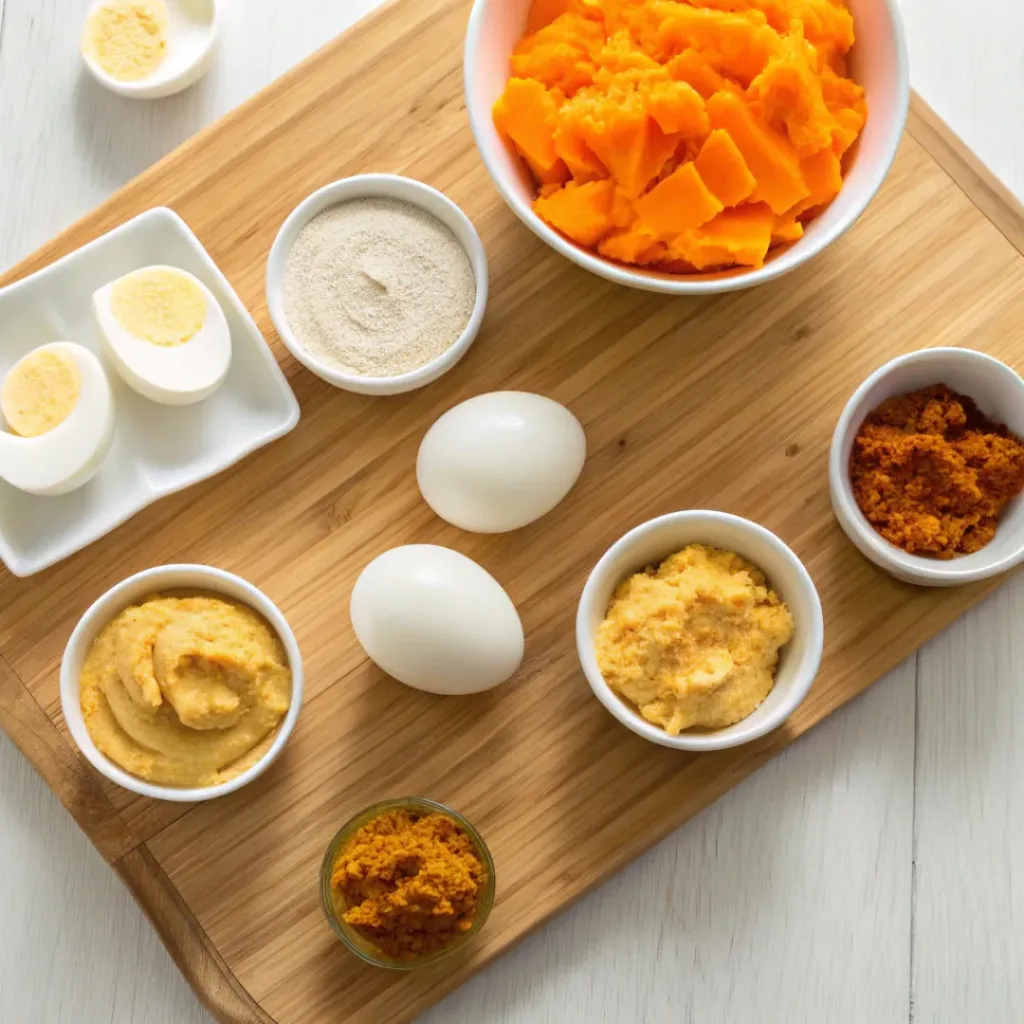 Creamy Pumpkin Deviled Eggs – Autumn-Inspired Snack 6 Overhead view of ingredients for pumpkin deviled eggs