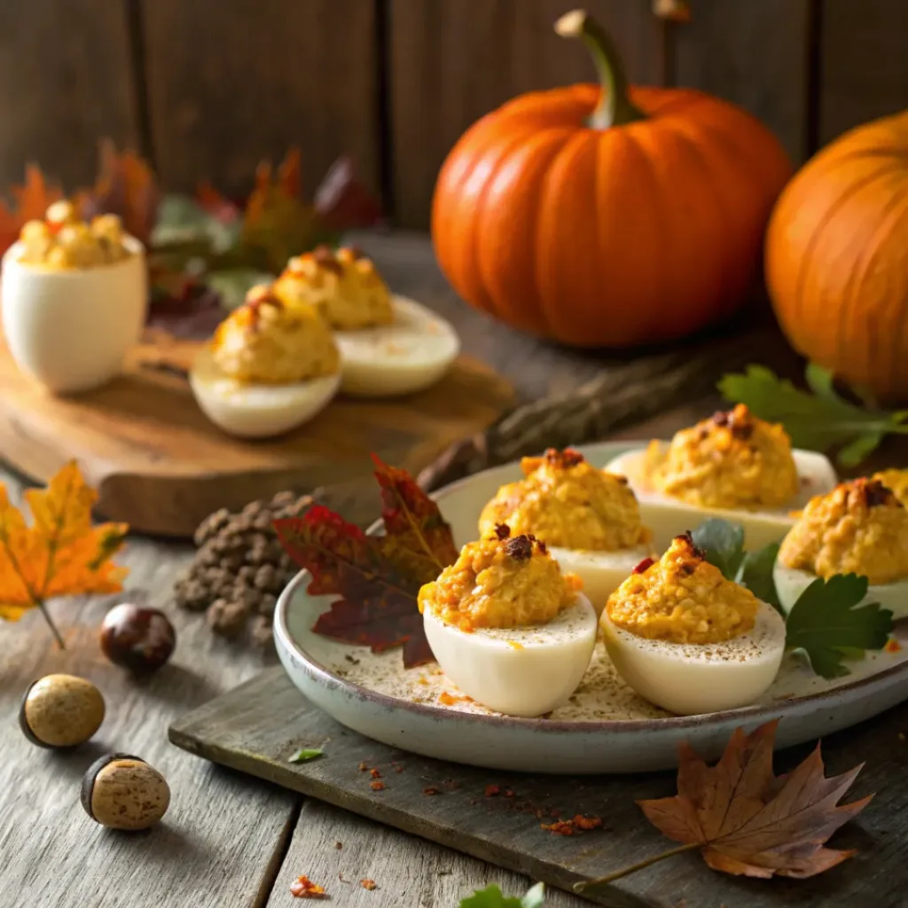 Creamy Pumpkin Deviled Eggs – Autumn-Inspired Snack 8 Pumpkin deviled eggs served on a fall-themed table