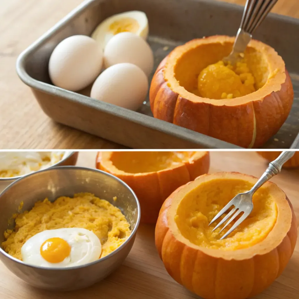 Creamy Pumpkin Deviled Eggs – Autumn-Inspired Snack 7 Step-by-step collage showing how to make pumpkin deviled eggs