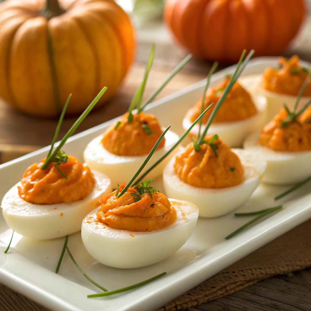 Festive pumpkin-shaped deviled eggs on a serving platter