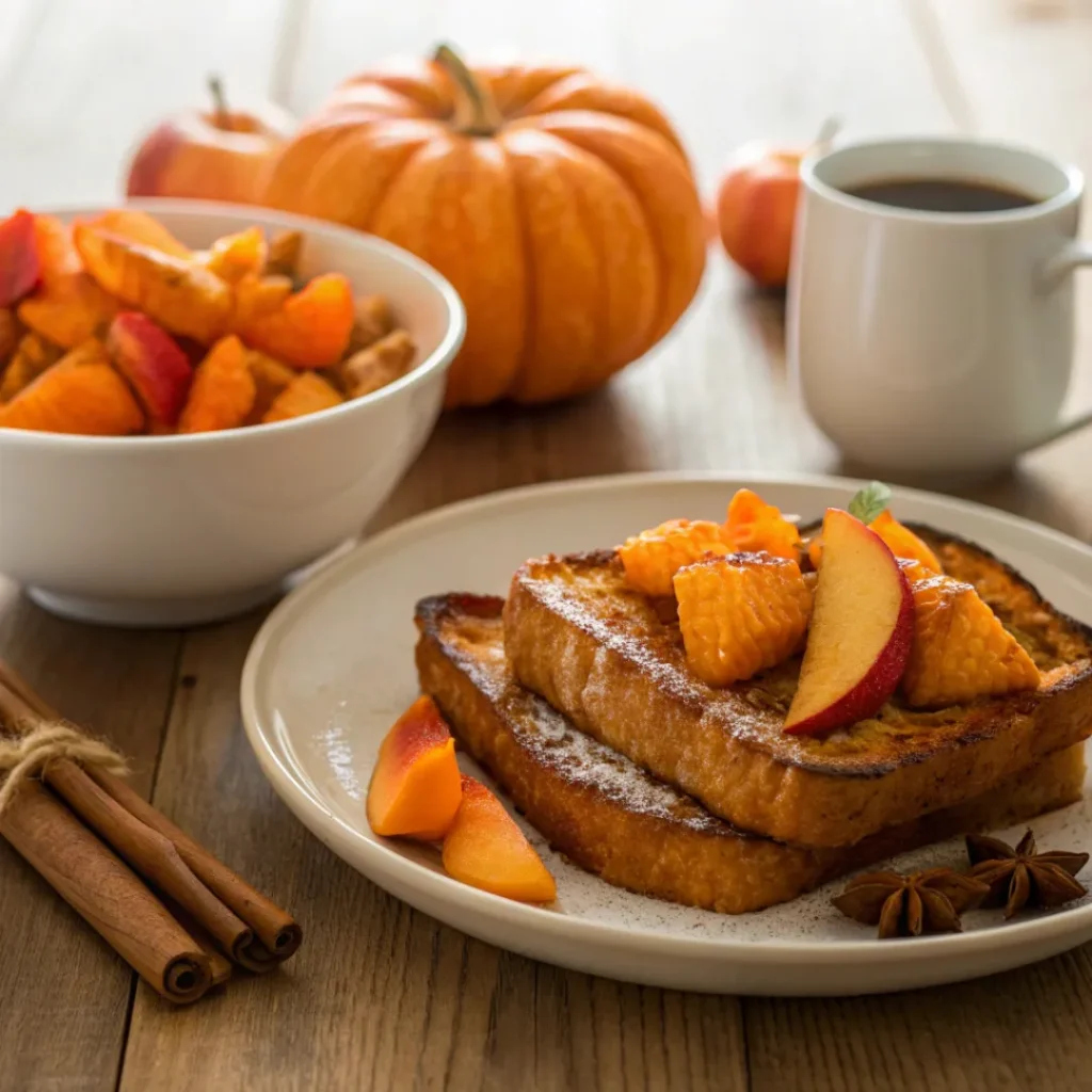 Pumpkin french toast on plate with fruit and syrup