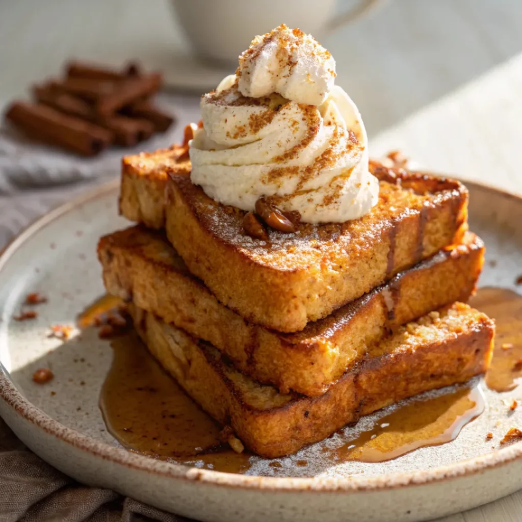 Stack of pumpkin french toast slices topped with syrup and whipped cream