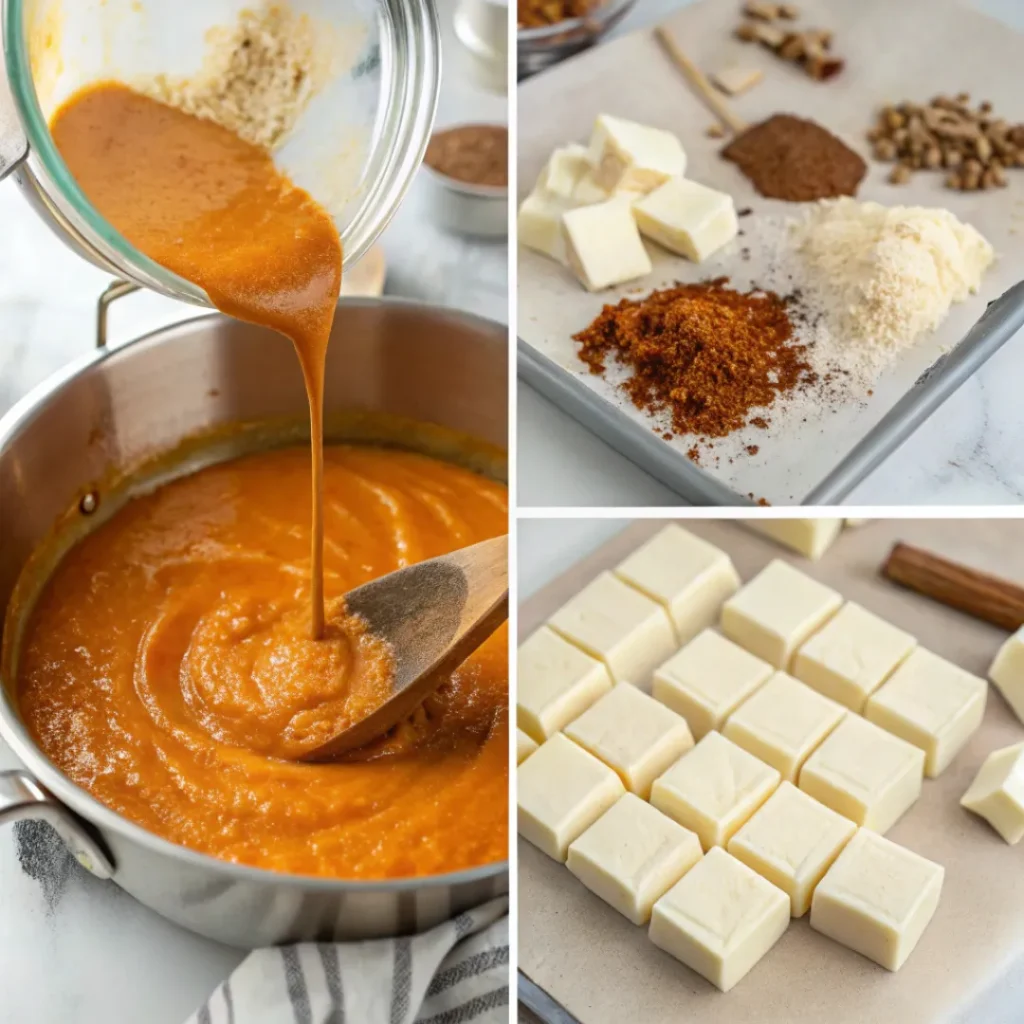 Collage showing cooking, mixing, and cutting pumpkin fudge into squares