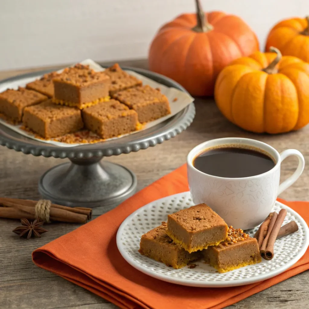 Pumpkin fudge squares served with hot coffee and fall spices