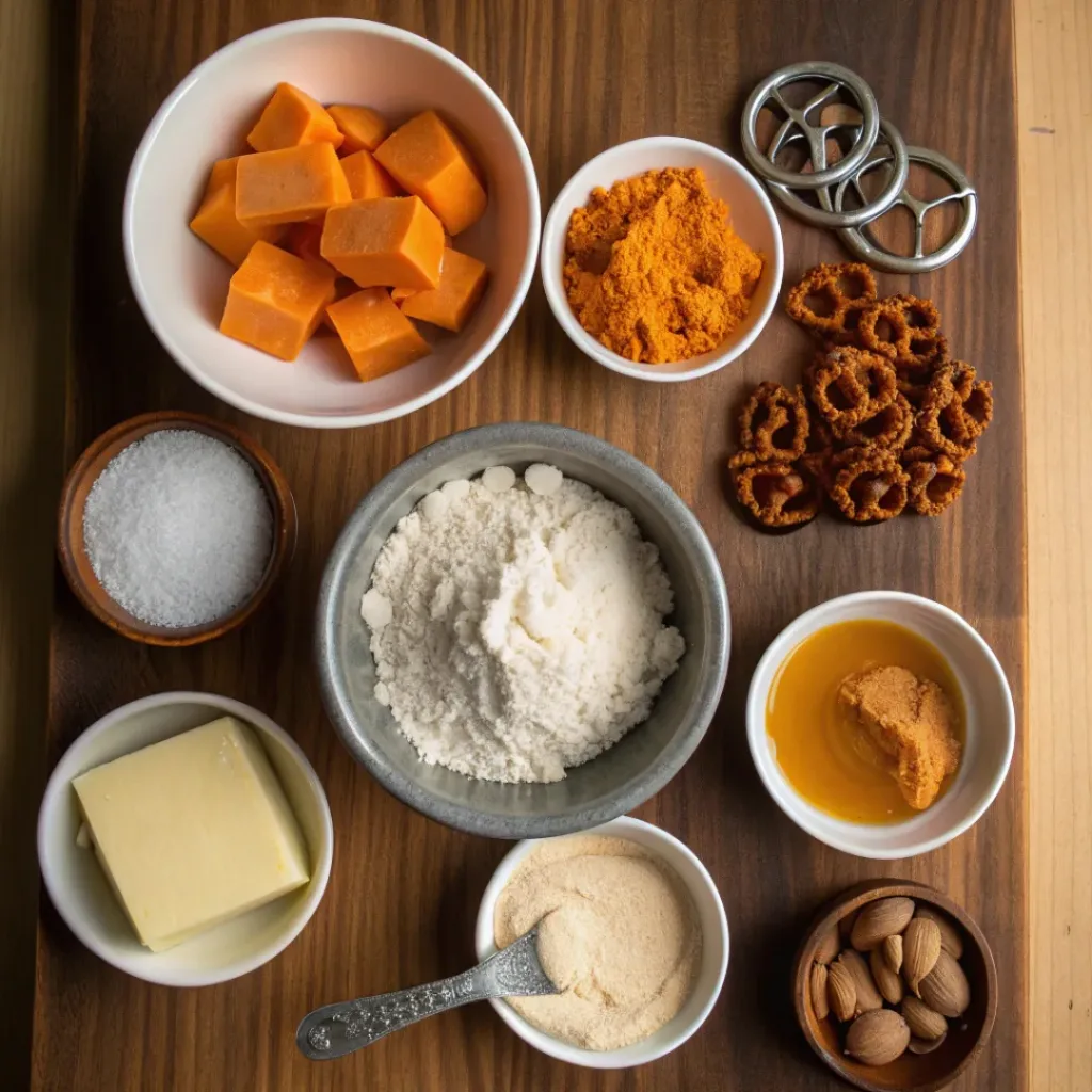 Easy Pumpkin Pretzel Bites – Perfect Autumn Treat 6 Overhead view of ingredients for pumpkin pretzel bites