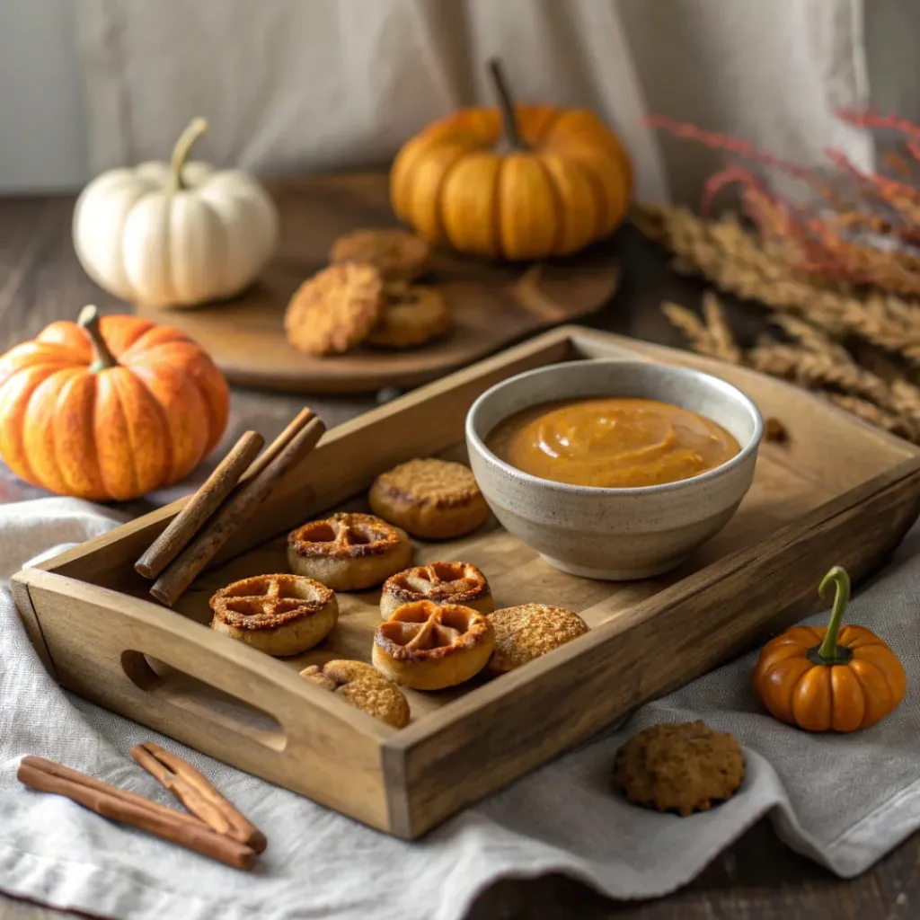 Easy Pumpkin Pretzel Bites – Perfect Autumn Treat 8 Pumpkin pretzel bites served with caramel dip and fall decor