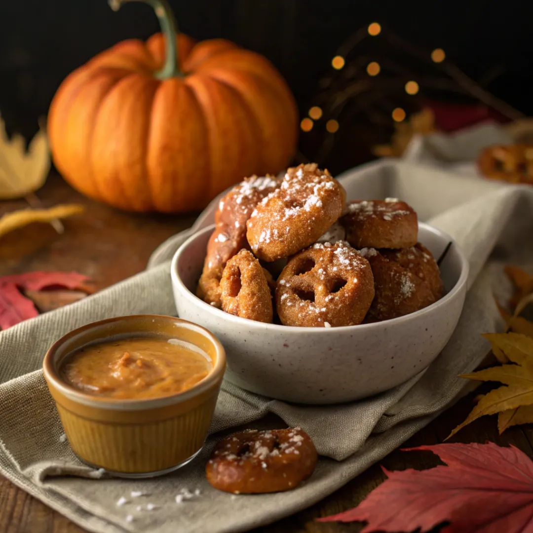 Golden pumpkin pretzel bites with caramel dip