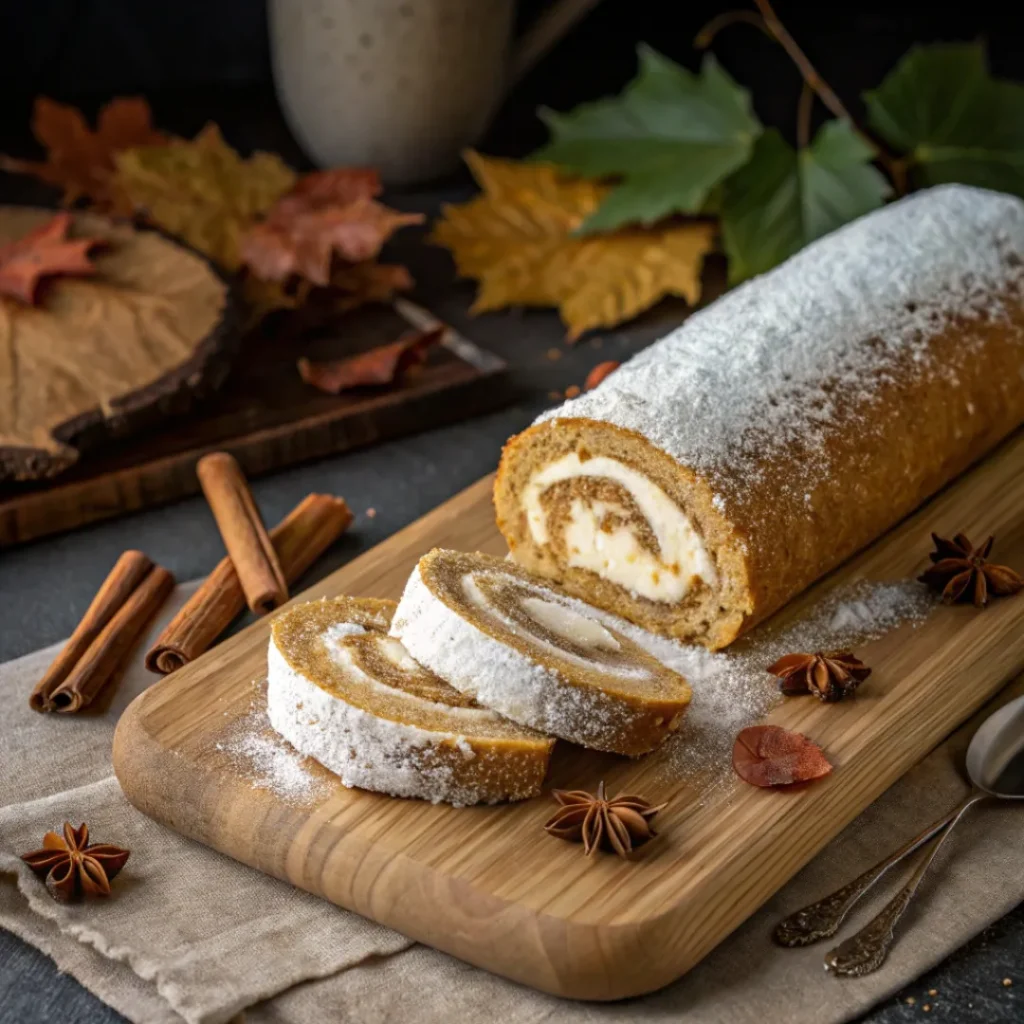 Pumpkin roll sliced to show cream cheese swirl filling