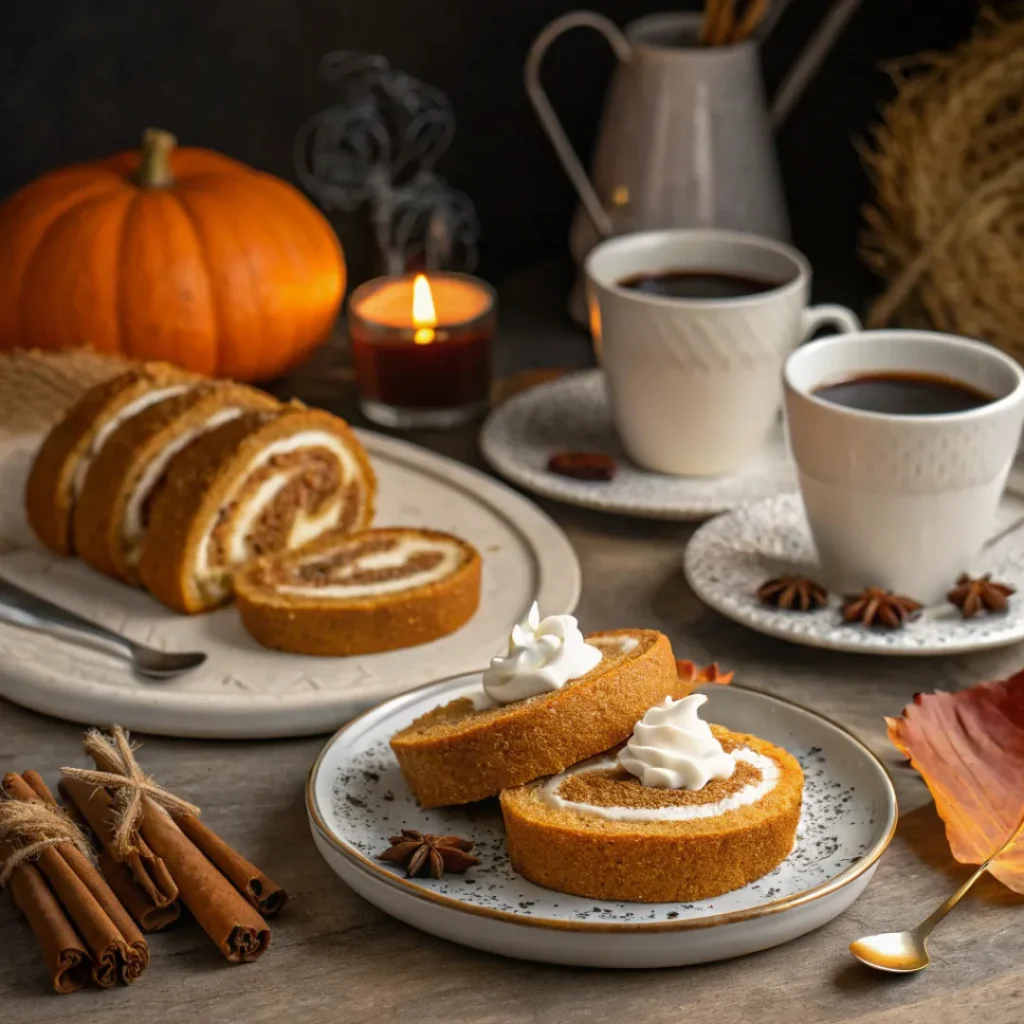Slices of pumpkin roll served with whipped cream and coffee