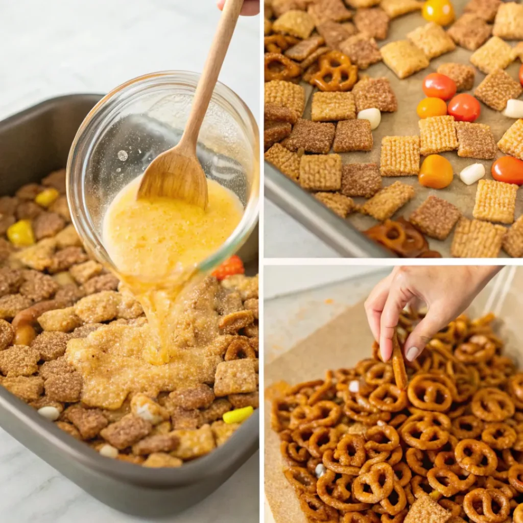 Collage of mixing, baking, and cooling pumpkin spice Chex mix
