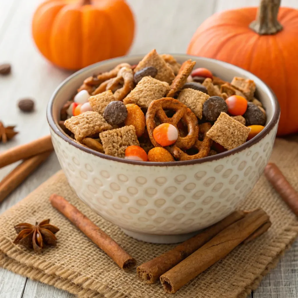 Bowl of Chex mix with pumpkin spice flavoring and fall decor