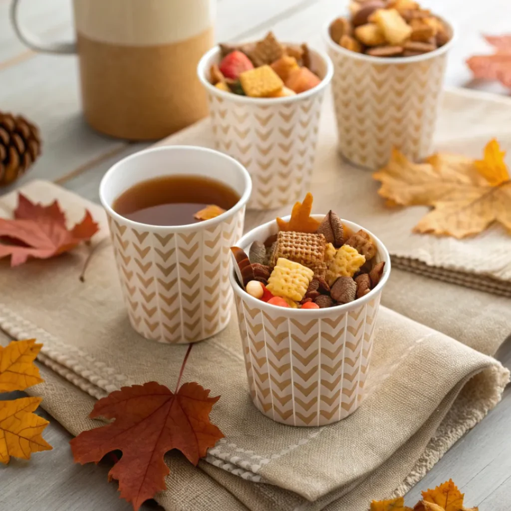 Pumpkin spice Chex mix served in cups with warm cider