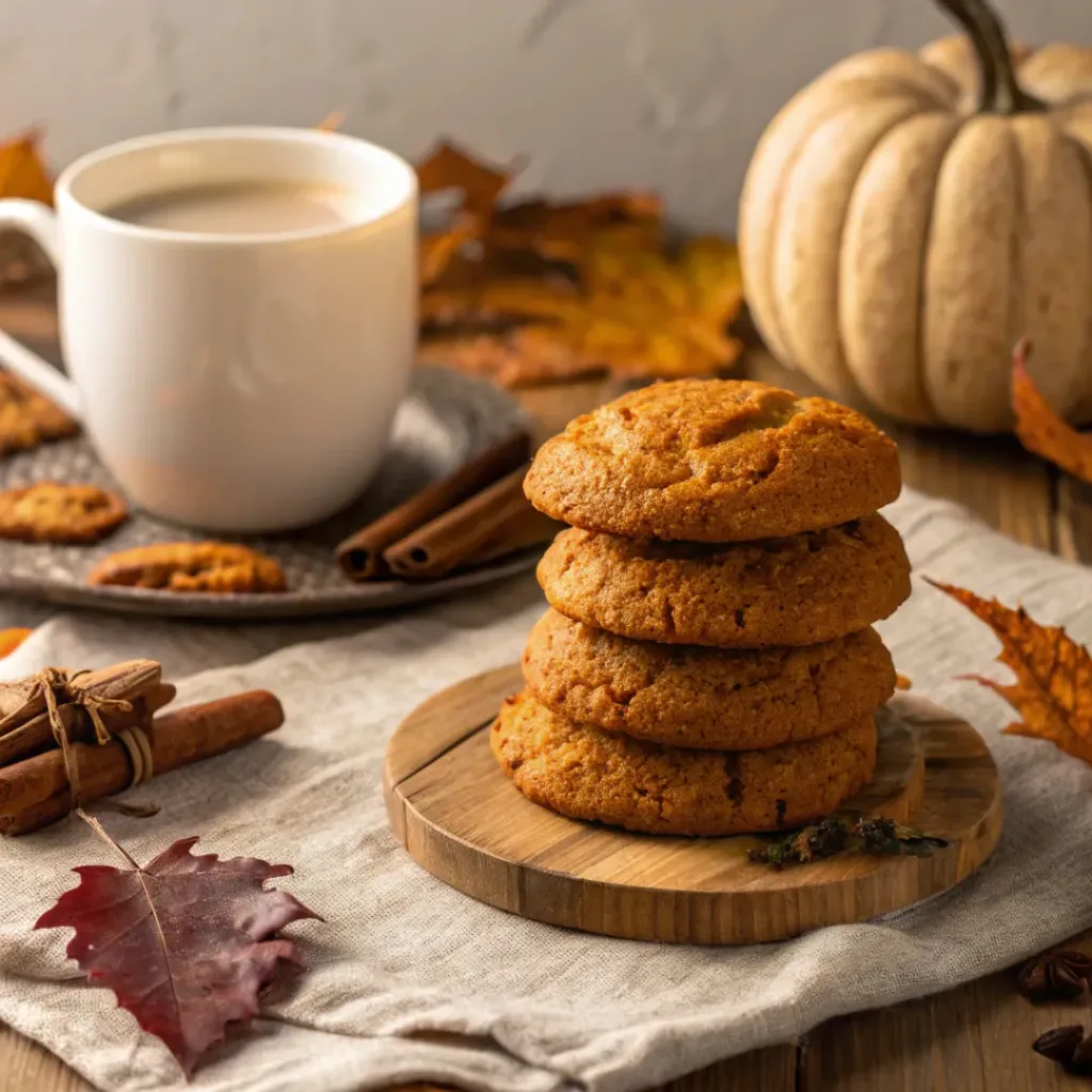 Soft Pumpkin Spice Cookies – Perfect Fall Treat 8 Stack of pumpkin spice cookies with a cup of coffee on a fall table