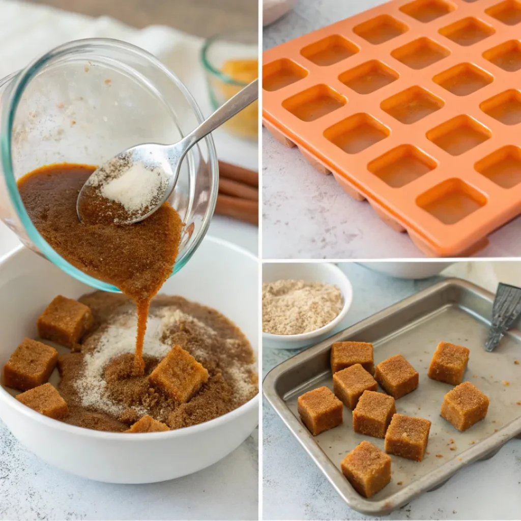 Collage of mixing, molding, and drying pumpkin spice sugar cubes