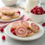 Raspberry Shortbread Swirl Cookies on a white plate