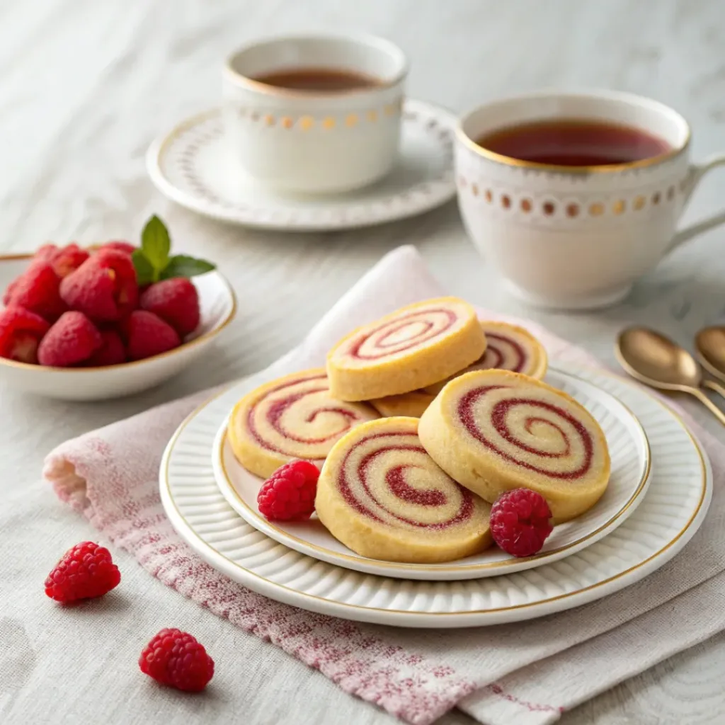 Raspberry Shortbread Swirl Cookies served with tea