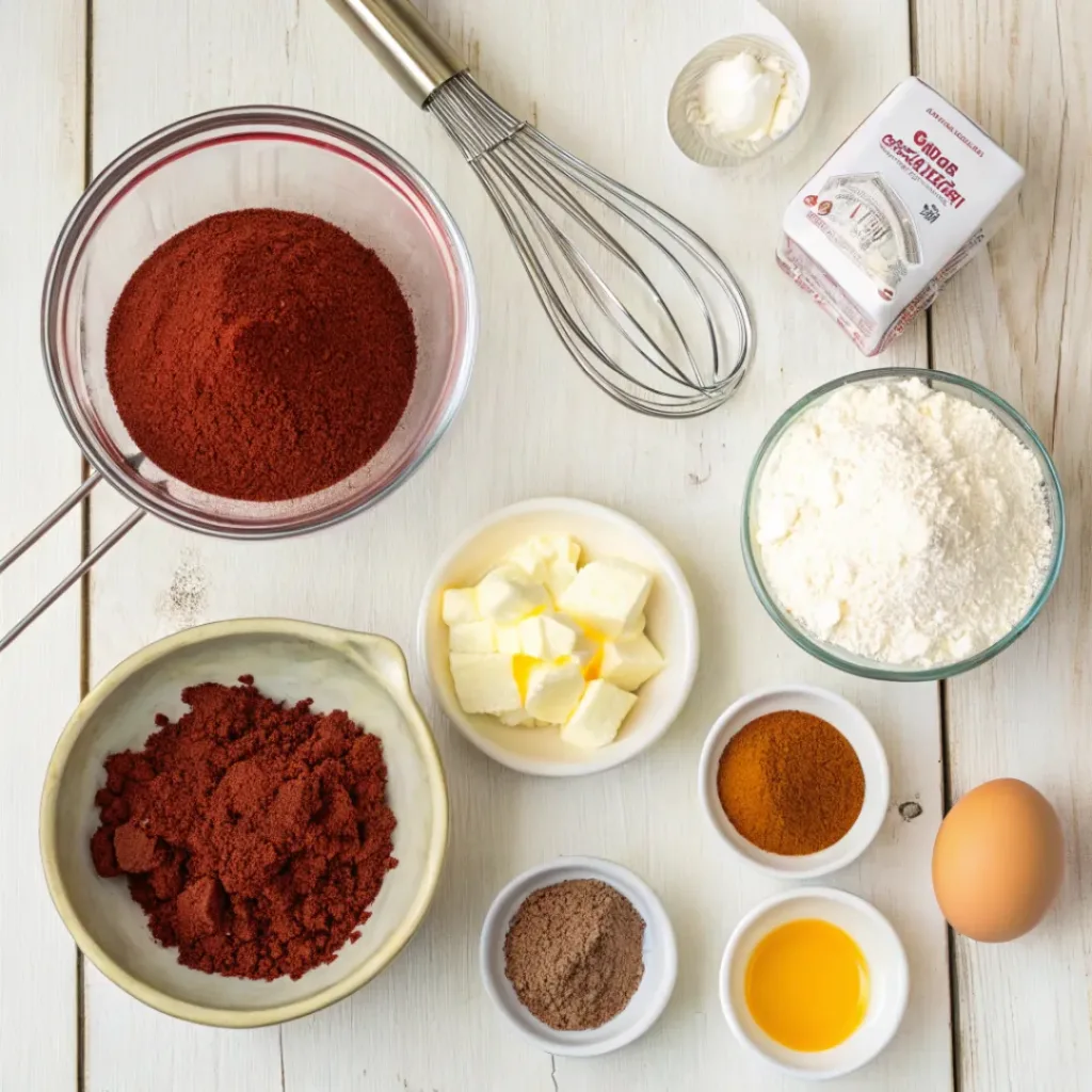 How to Make the Perfect Red Velvet Cake 6 Flat lay of ingredients for Red Velvet Cake