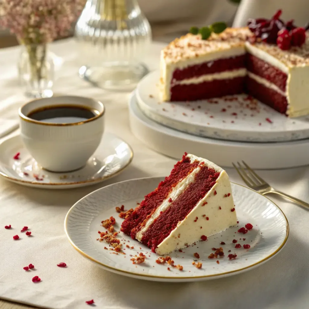 How to Make the Perfect Red Velvet Cake 8 Slice of Red Velvet Cake served with coffee