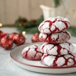 Stack of Red Velvet Crinkle Cookies dusted with powdered sugar
