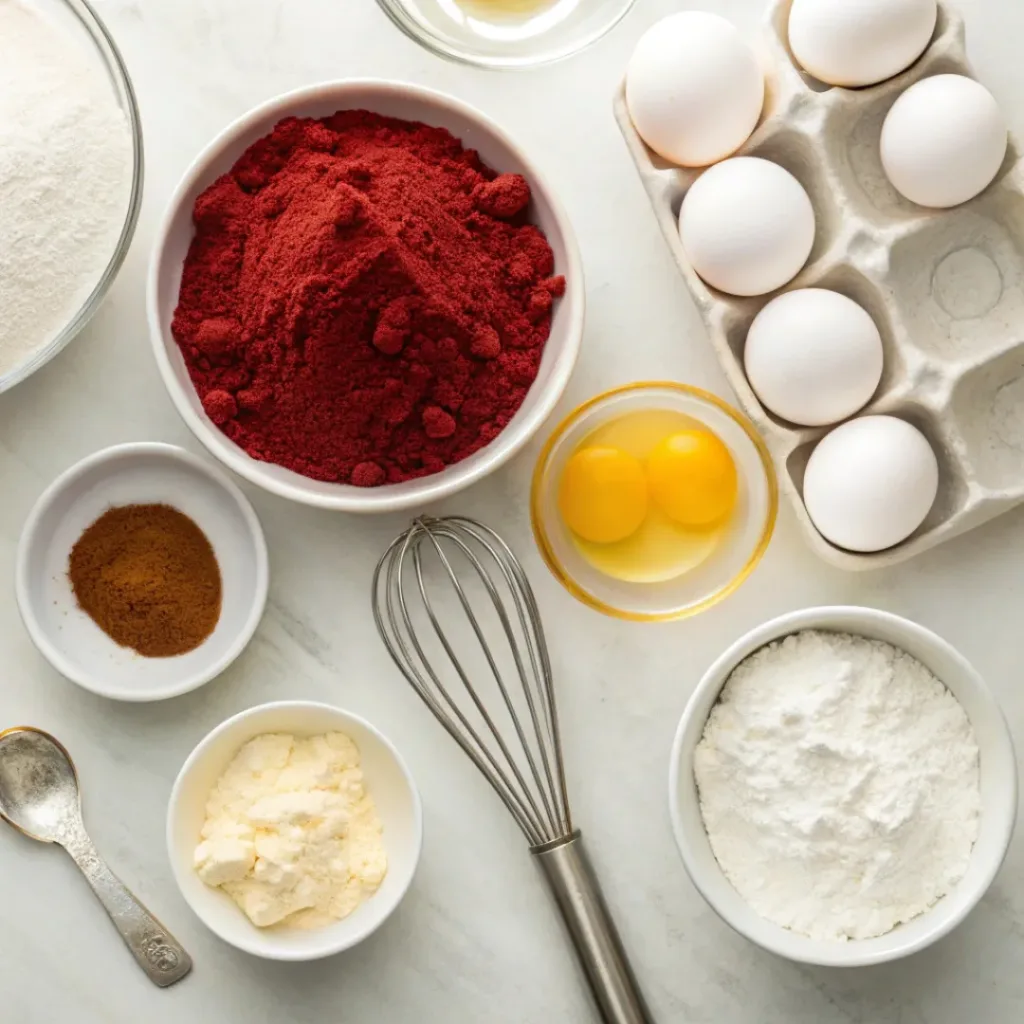 Red Velvet Crinkle Cookies – Soft & Chewy Delight 6 Flat lay of ingredients for Red Velvet Crinkle Cookies