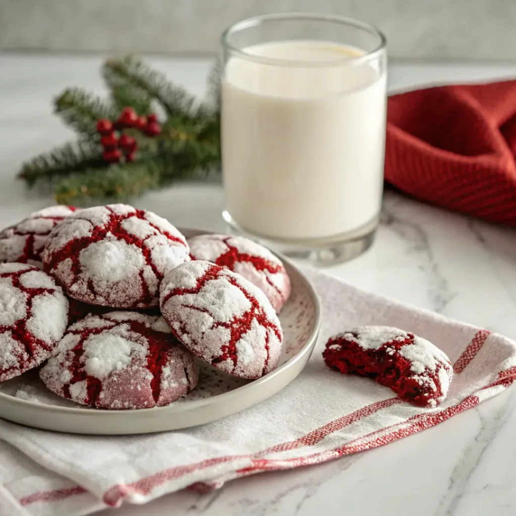 Red Velvet Crinkle Cookies – Soft & Chewy Delight 8 Red Velvet Crinkle Cookies served with a glass of milk