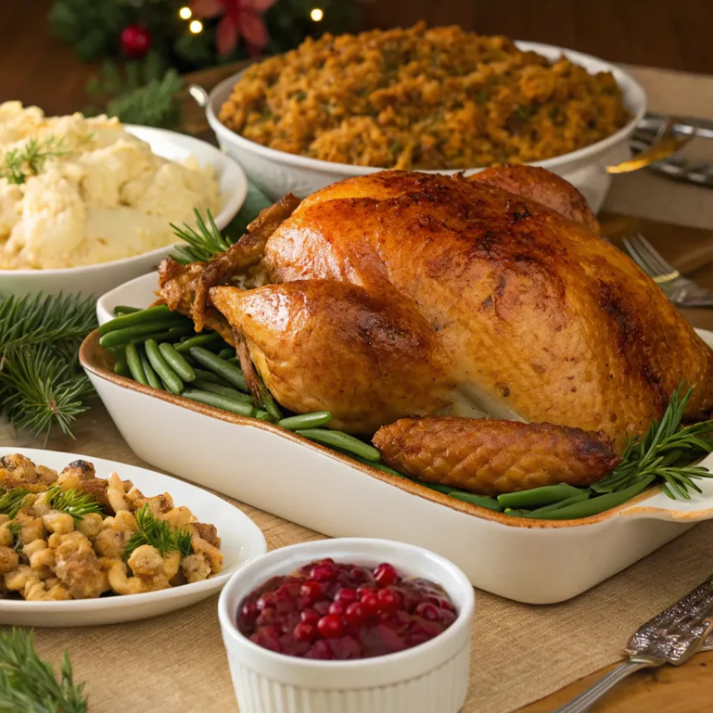 Roast Turkey – Moist & Delicious Meal 8 Carved roast turkey served with stuffing, potatoes, and vegetables