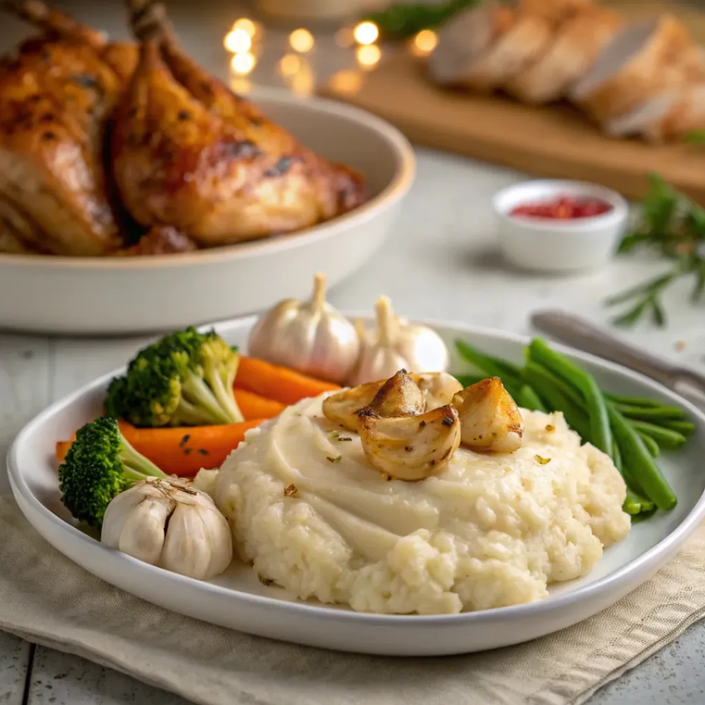 Roasted Garlic Mashed Cauliflower – Creamy, Low-Carb Comfort Food 4 Roasted garlic mashed cauliflower served with roasted chicken