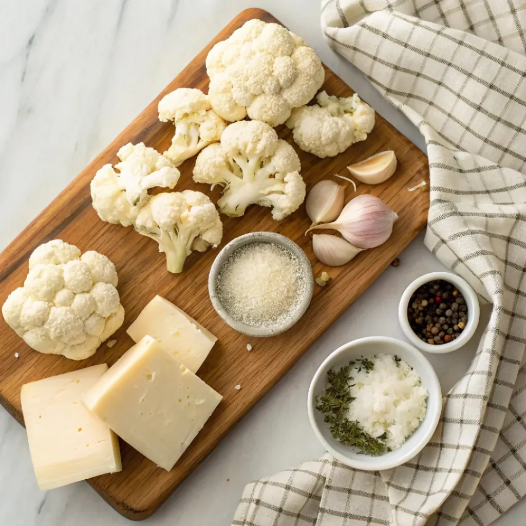 Roasted Garlic Mashed Cauliflower – Creamy, Low-Carb Comfort Food 2 Flat lay of ingredients for roasted garlic mashed cauliflower