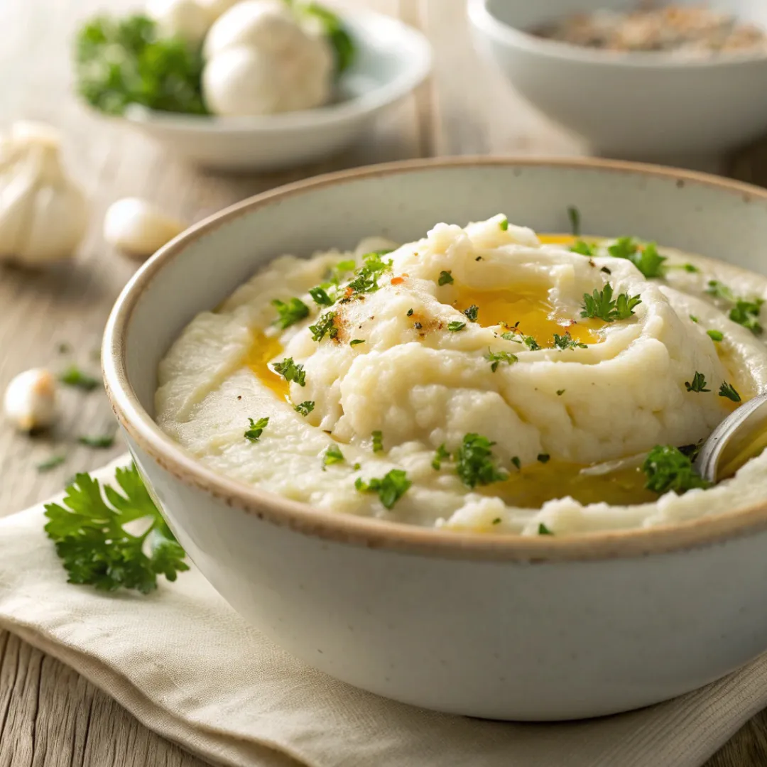Bowl of creamy roasted garlic mashed cauliflower with butter