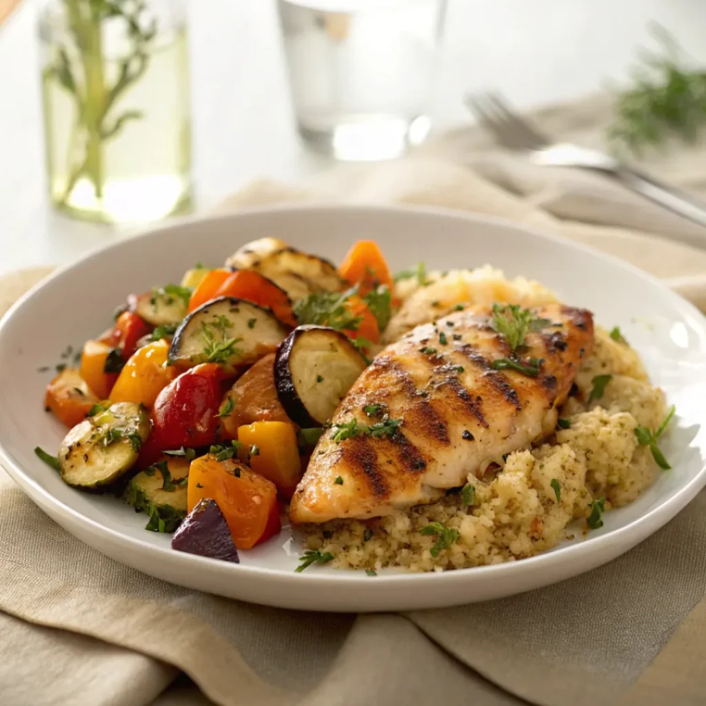 Plate of roasted vegetables medley with grilled chicken and quinoa