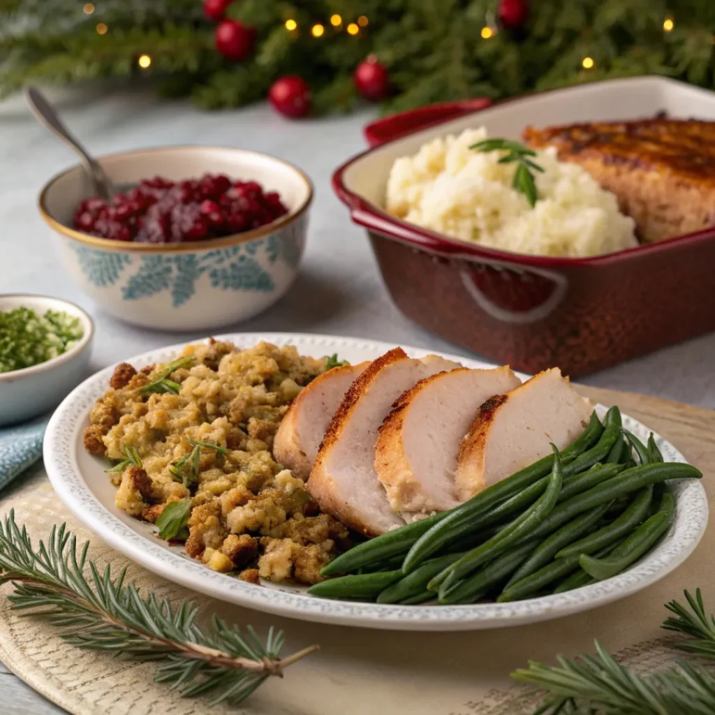 Classic Sage and Onion Stuffing on a holiday plate with turkey and vegetables