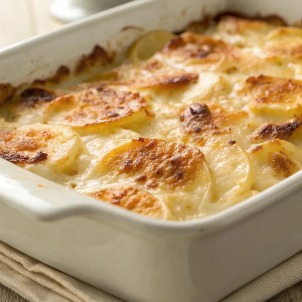 golden-brown scalloped potatoes in a white baking dish