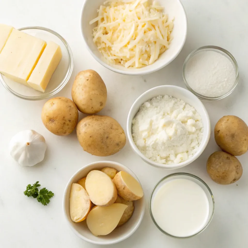 Overhead view of ingredients for scalloped potatoes neatly arranged