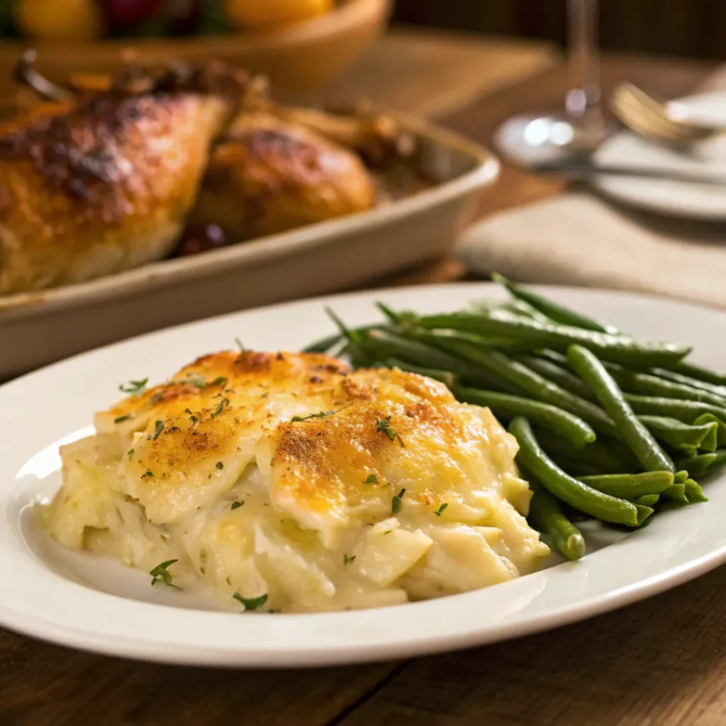 Scalloped potatoes served with roasted chicken and vegetables