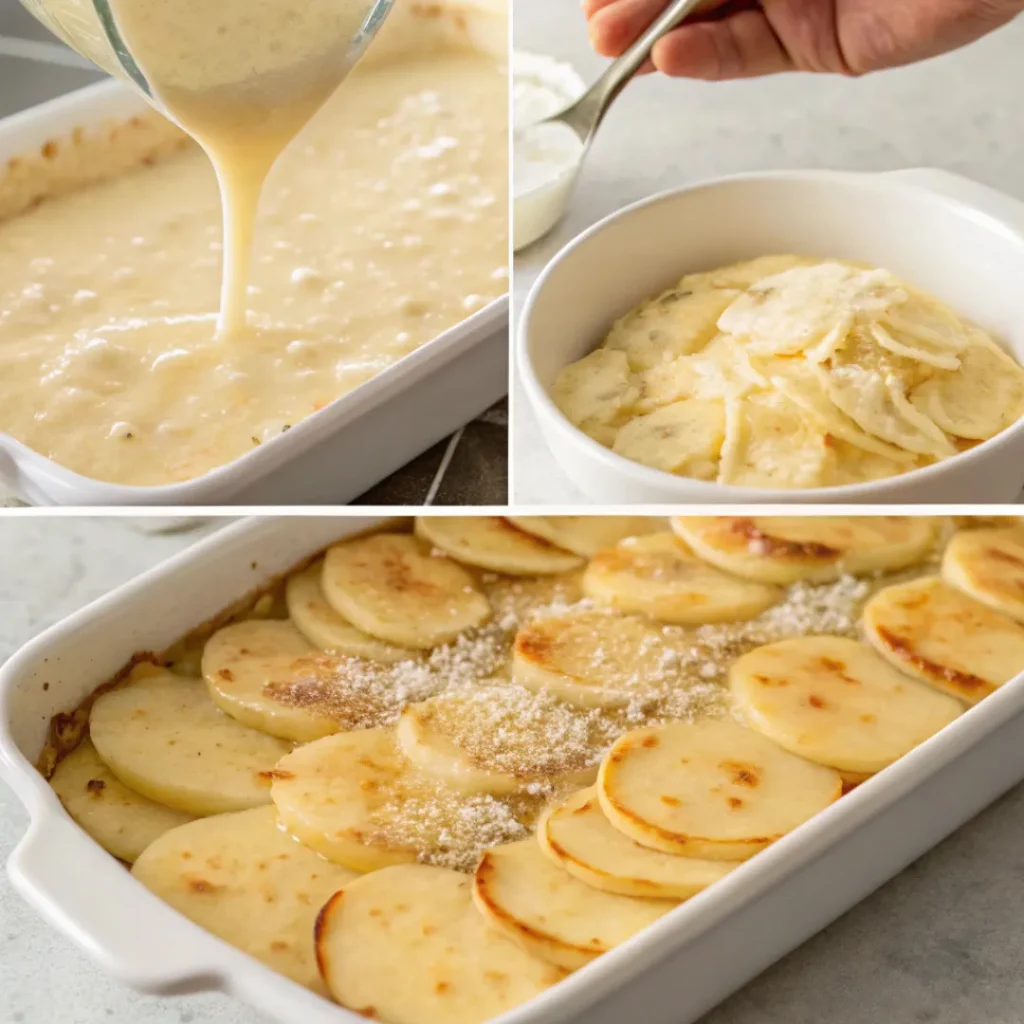Collage showing each step of preparing and baking scalloped potatoes